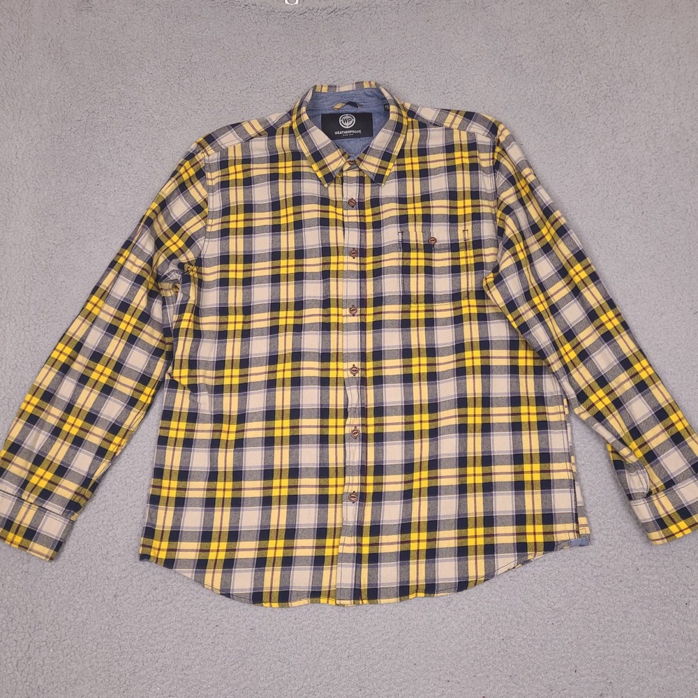 Weatherproof Flannel Shirt Mens XXL Yellow Navy Blue Plaid Button Up 100% Cotton